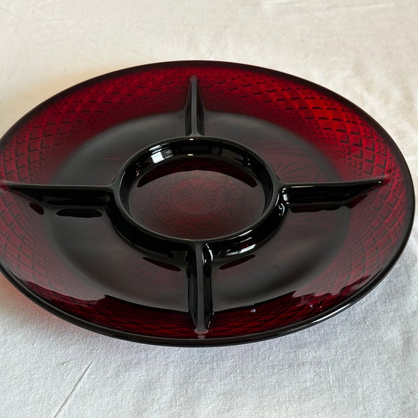 Vintage Luminarc Ruby Red Pressed Glass Divided Dish Serving Home and Kitchen Decor