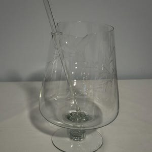 Vintage Clear Etched Glass Martini Pitcher with Glass Swizzle Stick 2 Piece Set Home and Kitchen Glassware Serving Decor