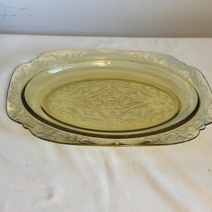 Antique Federal Depression Amber Glass Madrid Pattern 11 inch Oval Platter Plate Office Home Kitchen Glassware Serving Decor