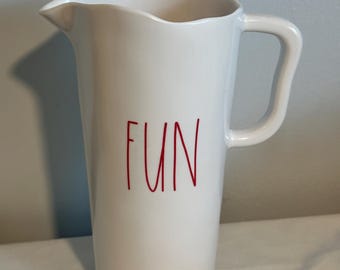 Vintage Aesthetic Tall White Rae Dunn Artisan Collection FUN Drink Serving Pitcher Office Home and Kitchen Drinkware Serving Decor