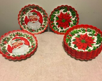Vintage Ceramic Christmas Plate with Santa Claus Bust and Poinsettia Leaf Authentic Vintage Handmade Tray