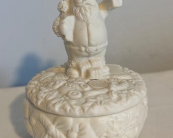 Vintage White Fine Porcelain Bisque Footed Santa Claus Ring Jewelry Box Trinket Box Office Home and Kitchen holiday Decor