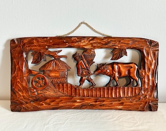 Vintage Solid Wood Hand Carced Farm Themed Wall Hanging Home and Kitchen Farm Decor