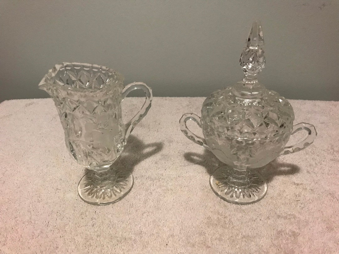 Vintage Crystal Sugar and Creamer Set Etched Rose and Leaf Etsy