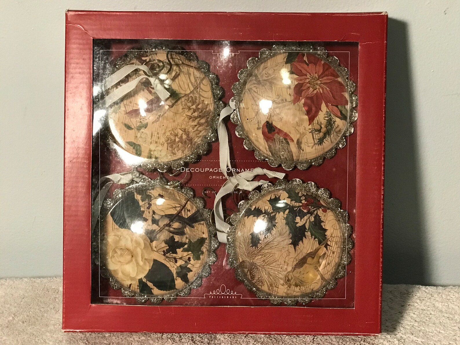 Large Old Pottery Barn Shatterproof Christmas Tree Ornaments Set of 4
