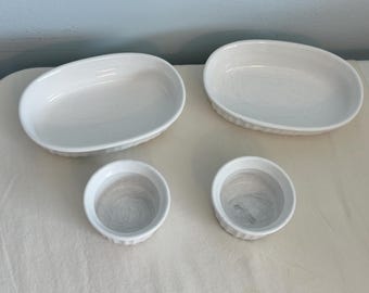 Vintage Corning Ware French White Set of 4 - 2 4 oz and 2 15 Oz Soufflé Cooking Baking Serving Bowls Home Kitchen Stoneware Cookware Decor
