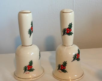 Vintage 1978 Hand Painted Holiday Holly Berry Porcelain Christmas Bell set of 2 Christmas Holiday Office Home and Kitchen Christmas Decor