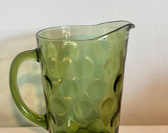Vintage Hazel Atlas El Dorado Avocado Green Glass Thumbprint Bubble Pattern Pitcher Office Home Kitchen Glassware Drinkware Serving decor