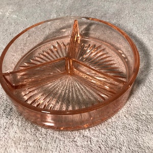 Antique Pink Depression Glass 3 Part Divided Serving Bowl / Dish Home and Kitchen Decor