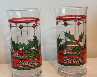 Vintage Clear Libbey Coca Cola Holly Berries Stained Glass Style Cup Set of 2 Office Home and Kitchen Serving Glassware Drinkware Coke Decor
