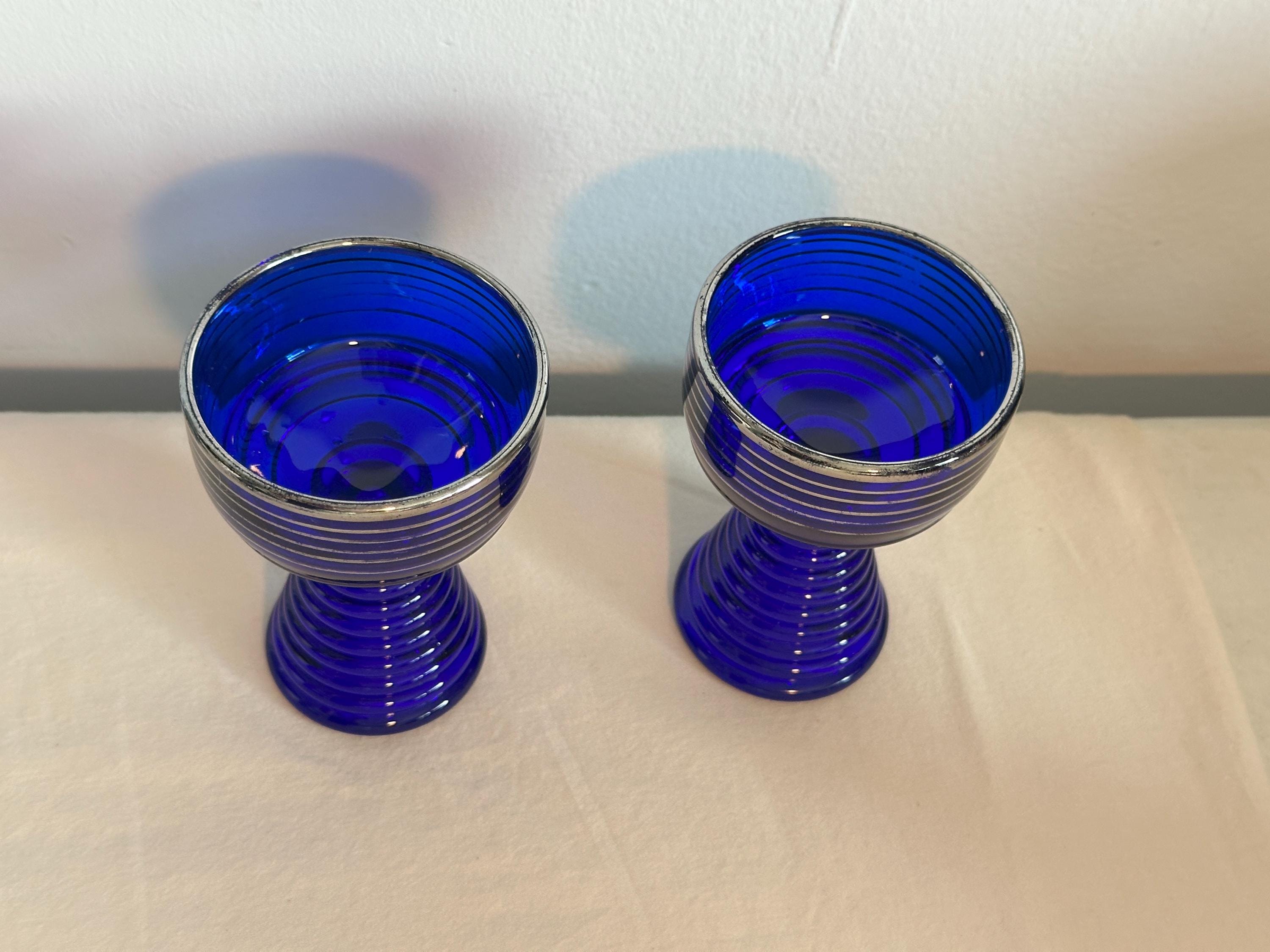Vintage Silver Rimmed Cobalt Blue Glass Roemer Ribbed Wine Drinking ...