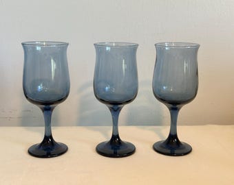 Vintage Libbey 6 Oz Glass Connoisseur Blue Tulip Shaped Wine Water Drinkware Glasses Cups Set of 3 Drinkware Serving Decor