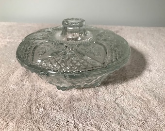 Vintage KIG Indonesia pressed glass heart and rose pattern covered serving bowl with lid Home and Kitchen Glassware Serving Decor