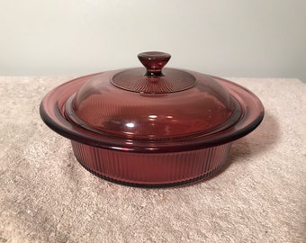 Vintage Glass Corning Vision V-31-B Cookware Cranberry 1 Quart Casserole Dish Serving Dish with Lid Home and Kitchen Glassware Serving Decor