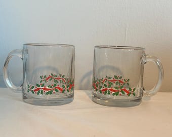 Vintage Anchor Hocking Glass Christmas Holiday Decor Holly Berry Ribbon Pattern Water Coffee Cup Tea Cup Christmas Drinkware Cup Set of 2