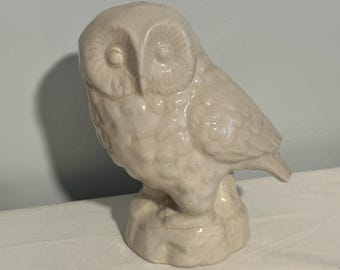 May include: A ceramic owl figurine in a light beige color. The owl is perched on a textured base, with detailed feather and eye features. The figurine has a glossy finish and is a decorative item.