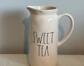 Vintage Tall White Rae Dunn Artisan Collection 181 SWEET TEA Serving Ceramic Pitcher Office Home Kitchen Drinkware Stoneware Serving Decor