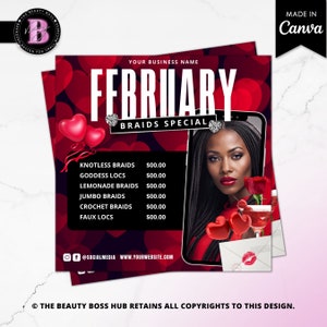 Valentines Day Braid Sale Flyer, February Braid Special Flyer, Hair Braiding Flyer, Braider Pricelist Flyer, Braider Instagram Post