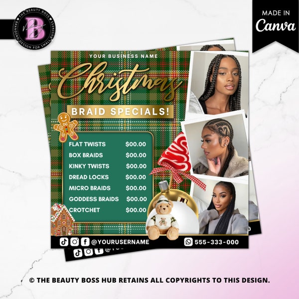 Christmas Braid Flyer Template - Digital Download, December Hair Braider Sale Flyer - Edit in Canva, Hair Braiding Salon Social Media Post
