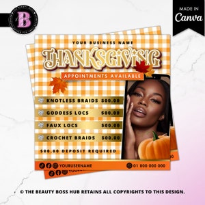 Thanksgiving Beauty Salon Flyer: Lash, Hair, Braid Template (Canva)
