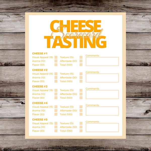 Instant Download Cheese Tasting and Rating Scorecard Digital Download