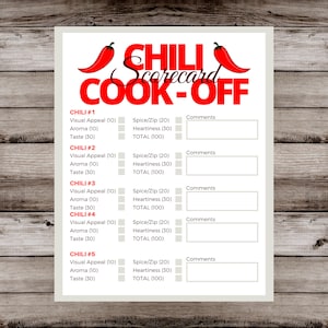 Instant Download Chili Cook-Off Verkostungs- und Bewertungskarte - Weißer Hintergrund