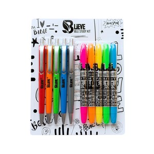 May include: A set of eight pens and highlighters in a clear plastic package. The pens are red, orange, green, blue, and gray. The highlighters are pink, yellow, green, and blue. The package has the words "Believe Bible Study Kit" printed on it.