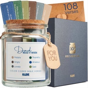 May include: A glass jar with a cork lid, filled with color-coded Bible verses. The jar is labeled "Dad Read it When" and includes a tag that says "For You." A matching box and envelope are also included, with the text "108 Verses."
