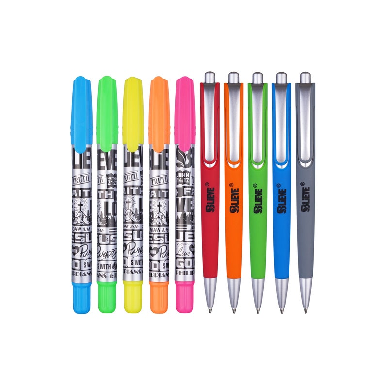 May include: A set of ten pens with different colored barrels and black ink. The pens have a variety of religious messages printed on them, including "Faith", "Truth", "Love", and "Jesus".