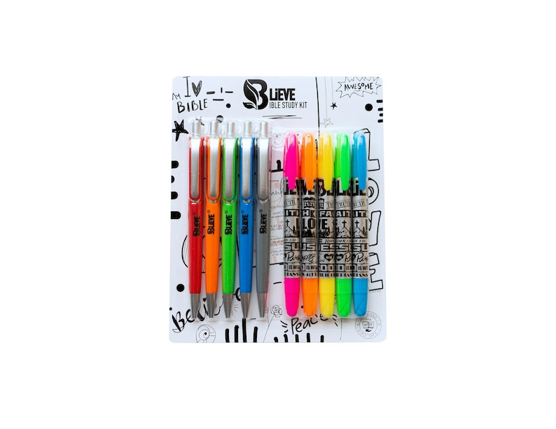 May include: A set of eight pens and highlighters in a clear plastic package. The pens are red, orange, green, blue, and gray. The highlighters are pink, yellow, green, and blue. The package has the words "Believe Bible Study Kit" printed on it.