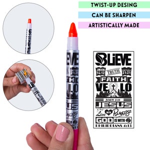 May include: A black and white twist-up pencil with a red tip. The pencil has a design of inspirational quotes and scripture verses. The pencil can be sharpened and is artistically made.