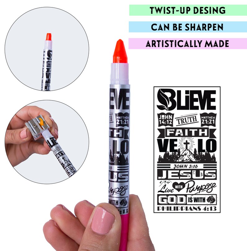 May include: A black and white twist-up pencil with a red tip. The pencil has a design of inspirational quotes and scripture verses. The pencil can be sharpened and is artistically made.