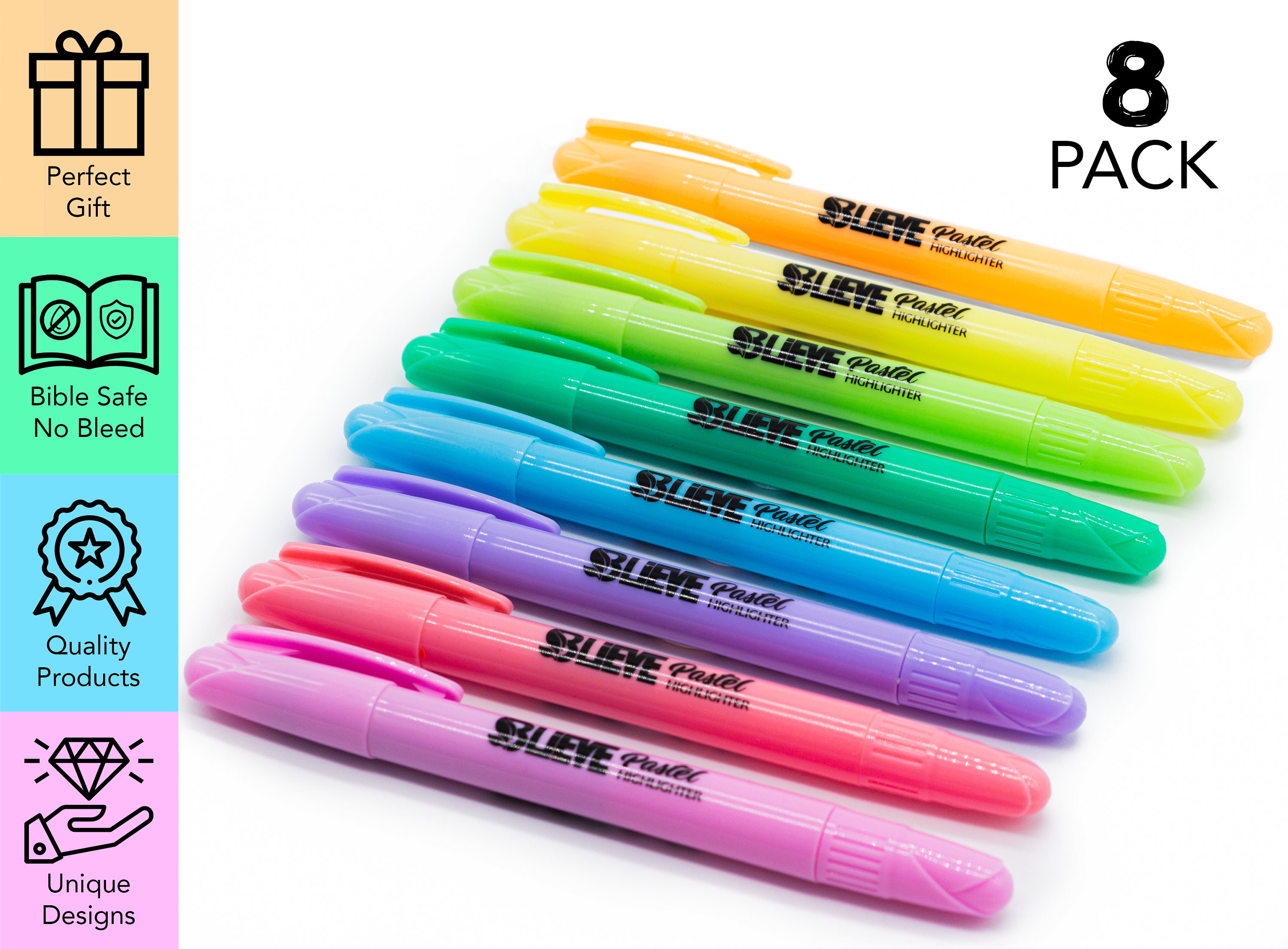 BLIEVE- Bible Highlighter Pack of 8, Gel Highlighters for Bibles,  Highlighter Pens, Bible Journaling Supplies, Highlighters For Bible Pages,  Bible Highlighters No Bleed, Bible Markers (Vibrant) in Kuwait