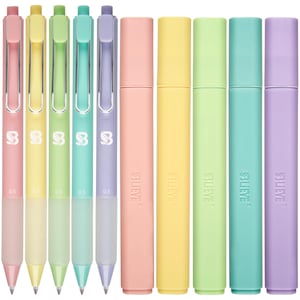 May include: A collection of pastel-colored pens and highlighters. The pens are in shades of pink, yellow, green, blue, and purple, with a 0.5 mm tip. The highlighters are in matching pastel colors. The brand name "SLEVE" is printed on the highlighters.