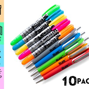 May include: A pack of 10 colorful pens with silver accents. The pens have a black and white design with the word "SLIEVE" printed on the side. The pens are arranged in a fan shape with the tips facing the viewer.