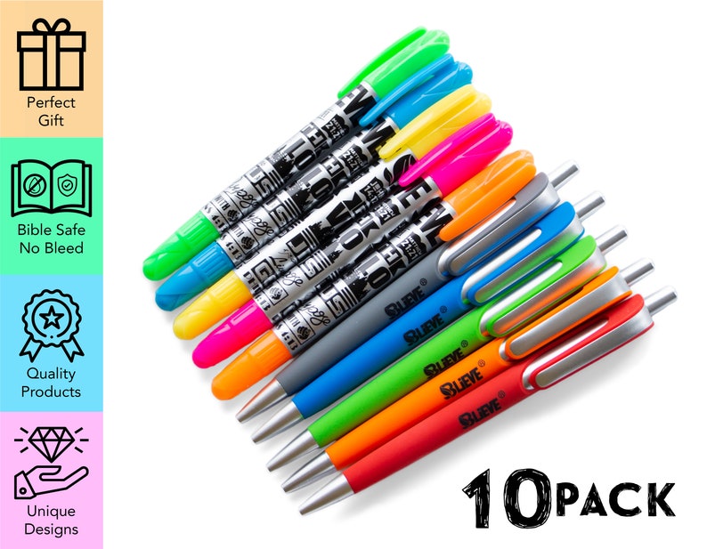 May include: A pack of 10 colorful pens with silver accents. The pens have a black and white design with the word "SLIEVE" printed on the side. The pens are arranged in a fan shape with the tips facing the viewer.