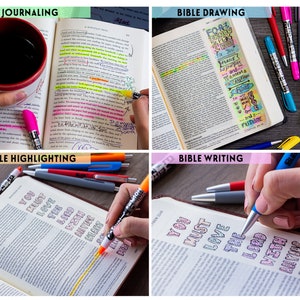May include: A collage of four images showing different ways to use pens and highlighters for journaling, bible drawing, bible highlighting, and bible writing. The images show a variety of pens and highlighters in different colors, including pink, blue, green, yellow, orange, and red.