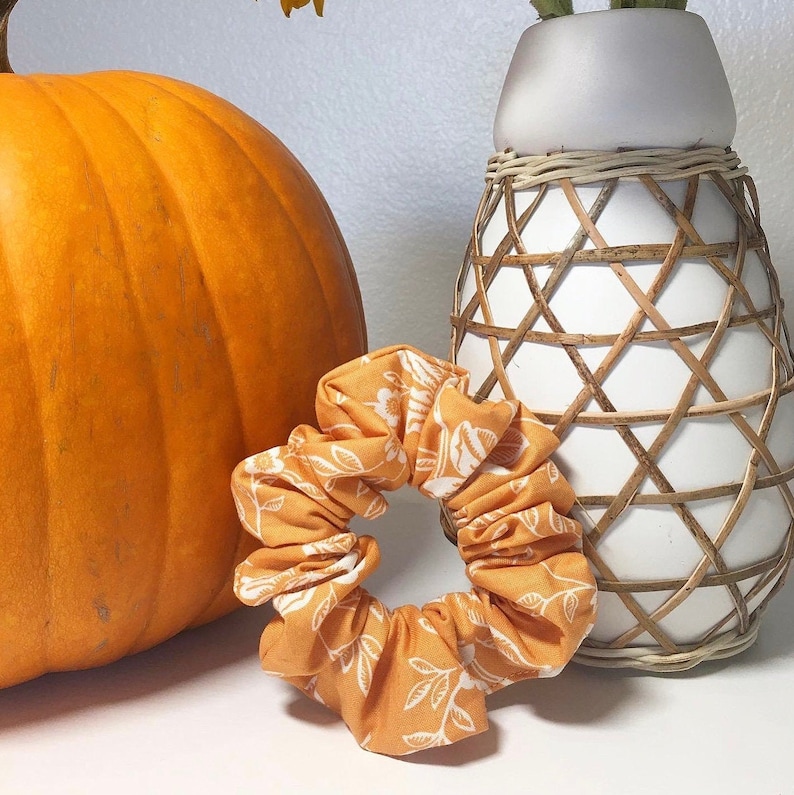 Organic Cotton Scrunchie Hair Scrunchies Boho Scrunchie Floral Scrunchie Cute Scrunchie White Floral Scrunchie Orange Scrunchie
