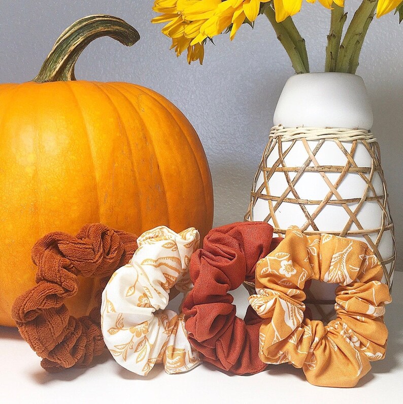 Organic Cotton Scrunchie Hair Scrunchies Boho Scrunchie Floral Scrunchie Cute Scrunchie White Floral Scrunchie Orange Scrunchie