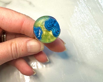 Resin Earth Ring: Sparkly Green Geode, Adjustable Brass Band