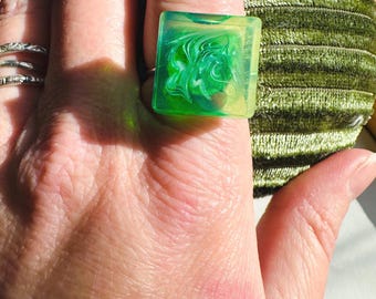Green Square Swirly Ring