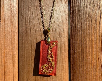 Vintage gold paisley and ruby red rectangle pendant necklace!