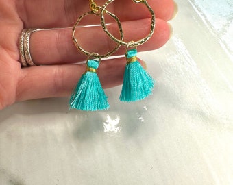 Turquoise and Gold Hoop Tassel Earrings!