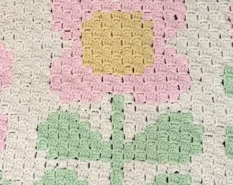 Schema per coperta all'uncinetto con fiori retrò, schema da angolo ad angolo, C2C (download digitale)