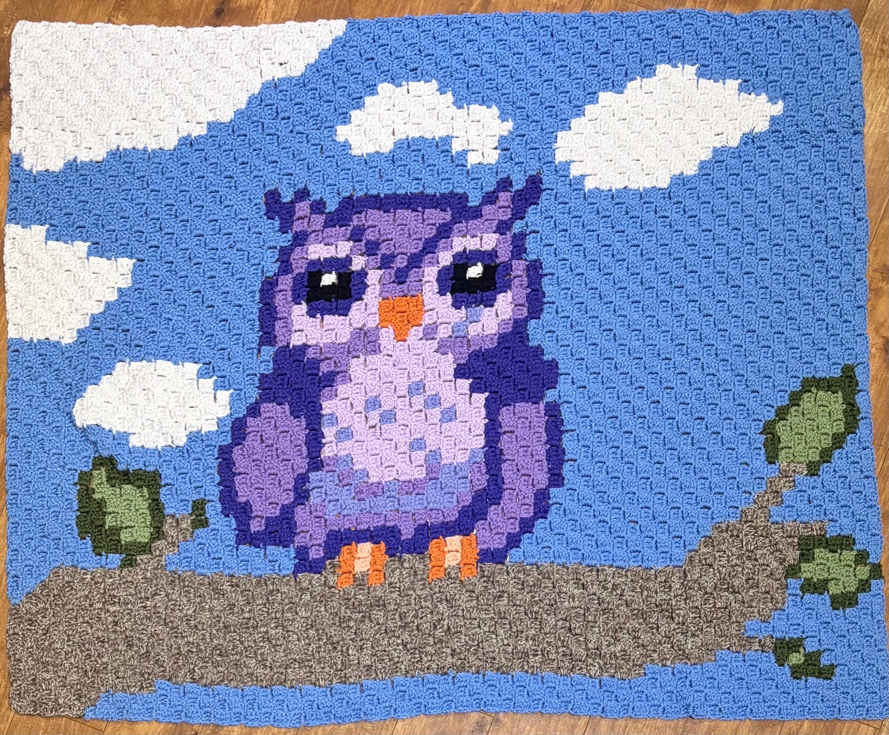 Owl Corner to Corner Crochet Pattern, owl on a branch corner to corner, baby blanket, C2C
