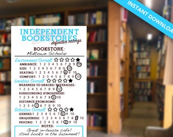 Indie Bookstore Rating Card | Bookstore Crawl Activity