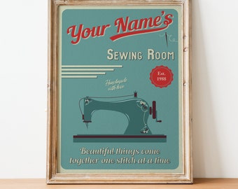 Custom Retro Poster for Sewing Room - Printable Wall Art - Personalize Your Name, Year Established & Background Colour