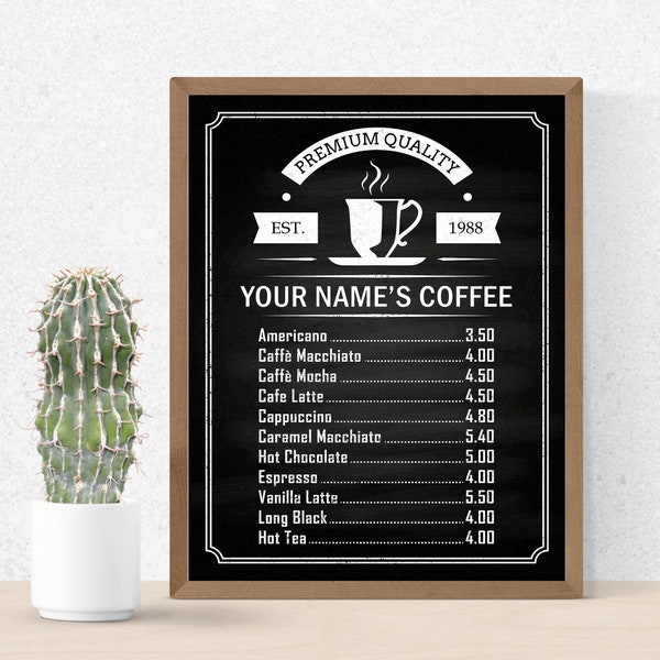 Custom Coffee Poster Menu for Home Kitchen - Printable Wall Art - Personalize Your Name & Year Established