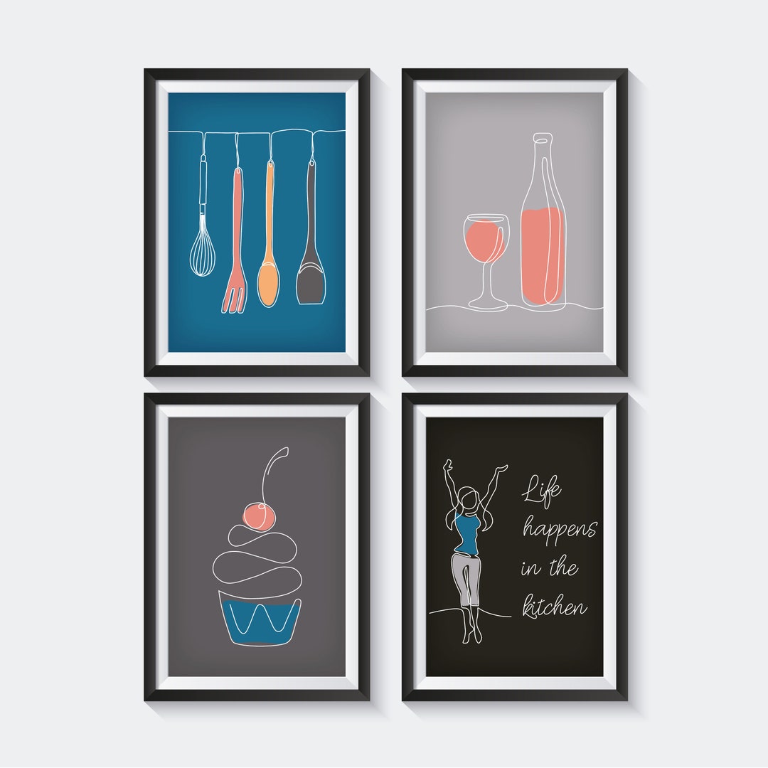 abstract kitchen art prints: modern line drawing set... Kitchen Art Prints Set: Blue Line Art Posters (digital Download) - Etsy