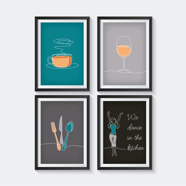 Set of 4 Kitchen Art - Aqua Set 1 - Printable Wall Art